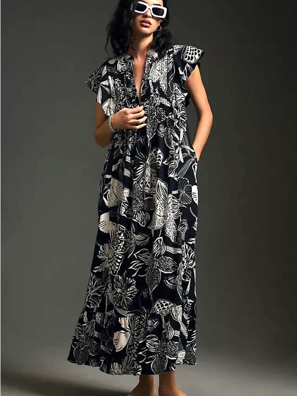 Anthropologie Black & White Floral Maxi Dress - Picture 1 of 4